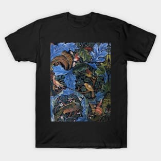 WOOD ANIMALS, BIRDS ,PEACOCKS IN BLUE GREEN LEAVES,FLORAL SWIRLS T-Shirt